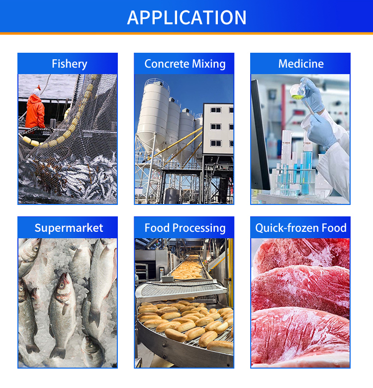 flake-ice-machine-application-scenarios تطبيقات واسعة لآلة تصنيع شرائح الثلج، حفظ المأكولات البحرية السمكية، تبريد الخرسانة، تجهيز الأغذية، الطب، السوبر ماركت وصناعة الأغذية سريعة التجميد