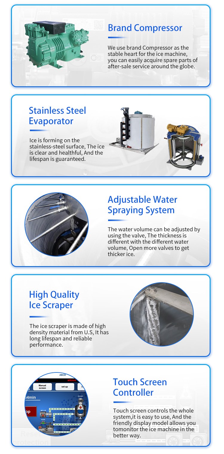 flake-ice-machine-core-components-features المكونات الأساسية لآلة تصنيع شرائح الثلج Icemedal، ضاغط العلامة التجارية، المبخر الفولاذي المقاوم للصدأ، مكشطة الثلج ونظام التحكم بشاشة اللمس