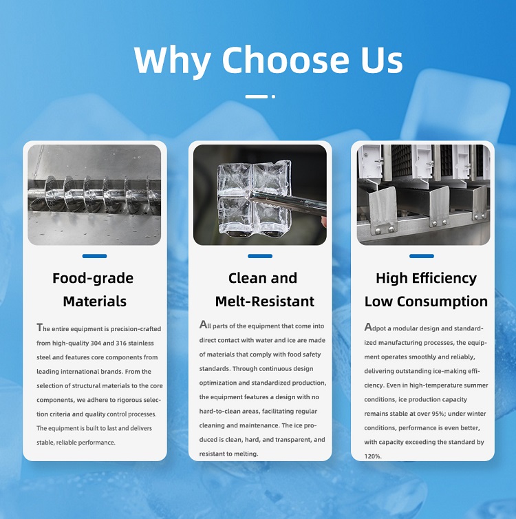 لماذا تختار ماكينة صنع الثلج التجارية من Icemedal: الفولاذ المقاوم للصدأ بدرجة 304/316 الآمن غذائيًا، مكعبات ثلج نظيفة مقاومة للذوبان، كفاءة عالية واستهلاك منخفض للطاقة